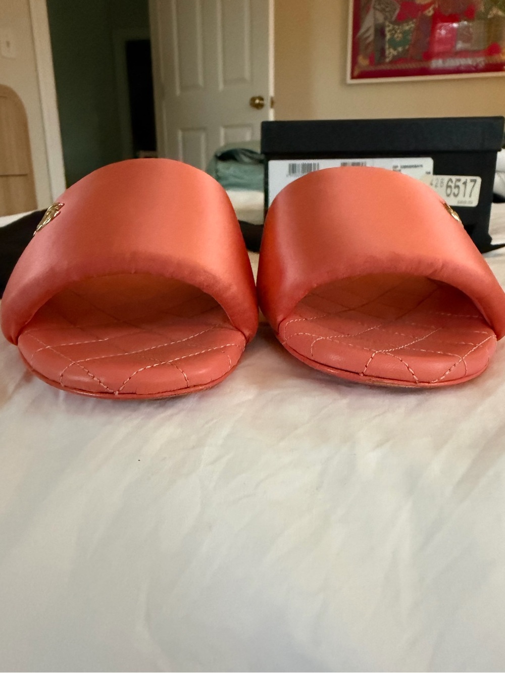 CHANEL Coral Orange Satin CC Mules Slides EU 37.5 | Worn Twice | Box & Dust Bag - Picture 6 of 7